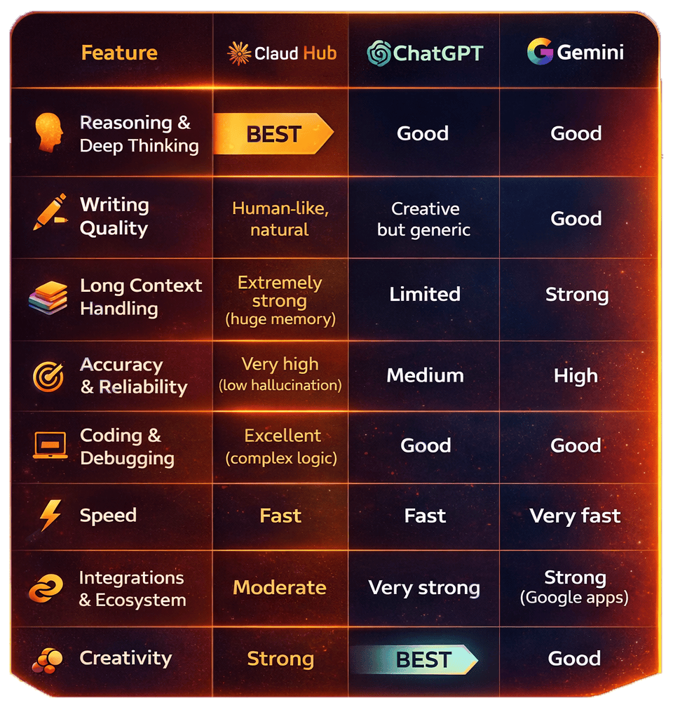 ClaudHub vs ChatGPT vs Gemini Benchmark Table